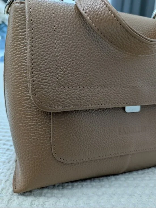 Genuine Leather Sand Structured Satchel Bag Top Handle Crossbody - Picture 2 of 13